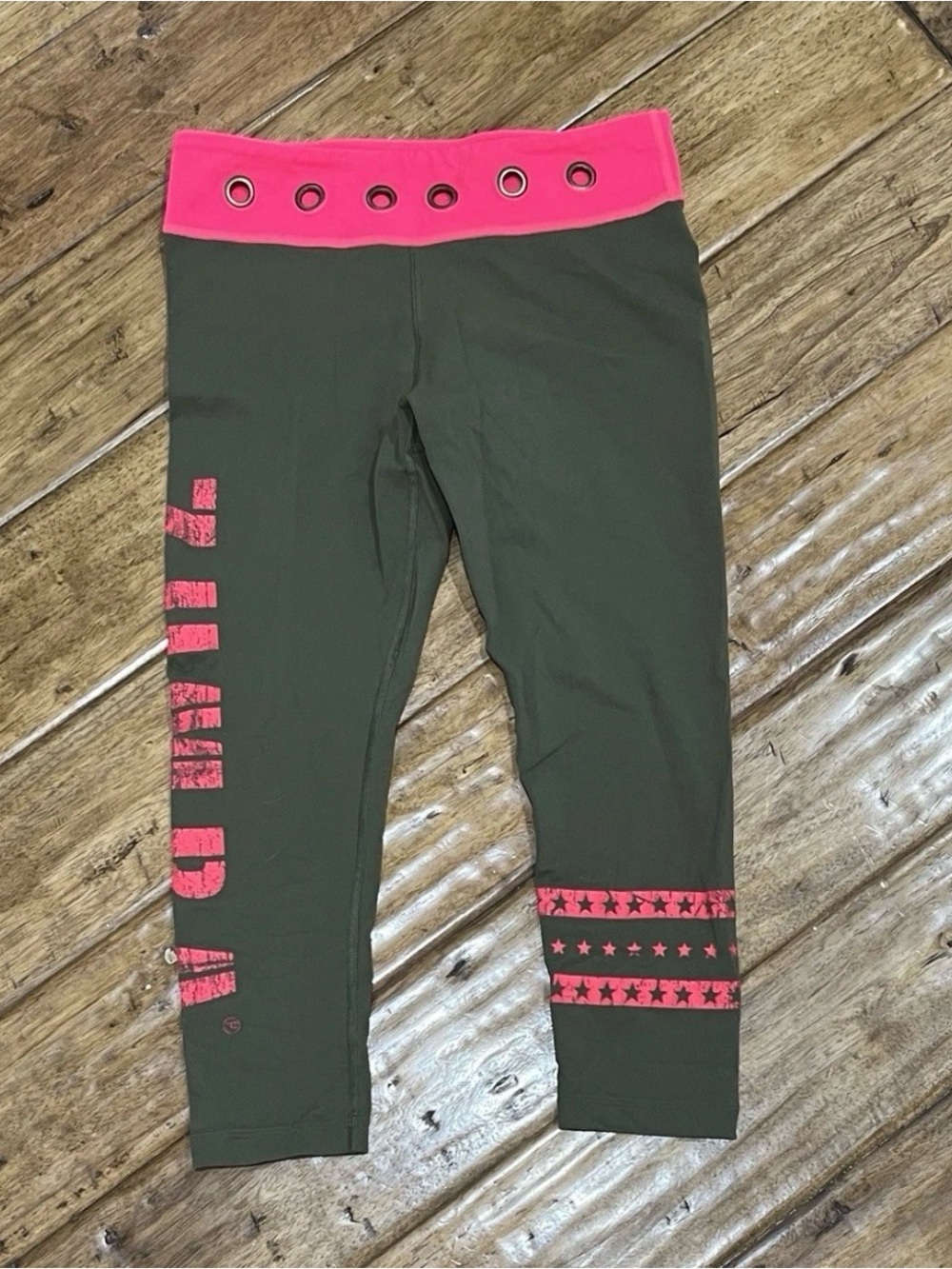 Women’s Olive Green Active Leggings with Pink Waistband